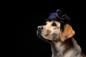 Close-up of a Labrador Retriever dog in a headdress. photo