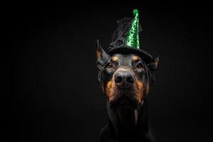 Portrait of a Doberman dog in a headdress. Carnival or Halloween. photo