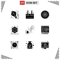 Modern Set of 9 Solid Glyphs and symbols such as meteor asteroid test tube spider halloween Editable Vector Design Elements