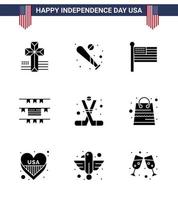 9 Solid Glyph Signs for USA Independence Day sports hockey flag american buntings Editable USA Day Vector Design Elements