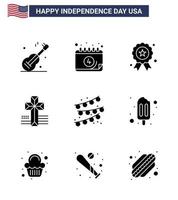 9 Solid Glyph Signs for USA Independence Day party bulb buntings holiday church american Editable USA Day Vector Design Elements