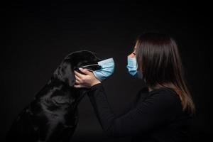 retrato de un perro labrador retriever con una máscara médica protectora con una dueña. foto