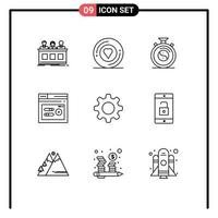 9 User Interface Outline Pack of modern Signs and Symbols of cog seo sticker performance practice Editable Vector Design Elements