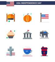 Pack of 9 creative USA Independence Day related Flats of american bank flag muffin cake Editable USA Day Vector Design Elements