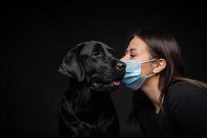 Portrait of a Labrador Retriever dog in a protective medical mask with a female owner. photo
