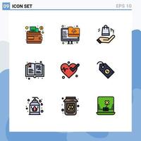 9 Thematic Vector Filledline Flat Colors and Editable Symbols of ecommerce heart bag medical hobbies Editable Vector Design Elements