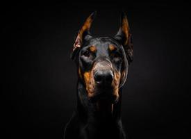 retrato de un perro doberman sobre un fondo negro aislado. foto