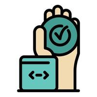 Check mark in the hand icon color outline vector