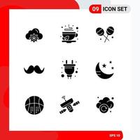 Set of 9 Commercial Solid Glyphs pack for electric male tea movember moustache Editable Vector Design Elements