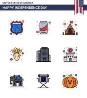 Happy Independence Day 9 Flat Filled Lines Icon Pack for Web and Print building office camp building native american Editable USA Day Vector Design Elements