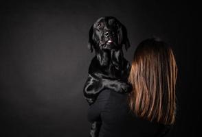 A girl holds a Labrador Retriever dog in her arms. photo