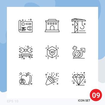 Pack of 9 Modern Outlines Signs and Symbols for Web Print Media such as shape cube machinery day tool Editable Vector Design Elements