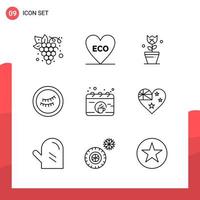 Pack of 9 Universal Outline Icons for Print Media on White Background Creative Black Icon vector background
