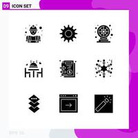 Set of 9 Vector Solid Glyphs on Grid for stack documents fun plate love Editable Vector Design Elements