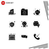 Universal Icon Symbols Group of 9 Modern Solid Glyphs of certificate protect dish bug open Editable Vector Design Elements