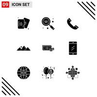 Group of 9 Modern Solid Glyphs Set for dollar mountain call nature hill Editable Vector Design Elements