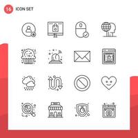 Pack of 16 Universal Outline Icons for Print Media on White Background Creative Black Icon vector background