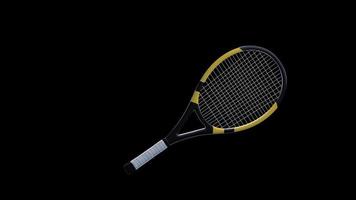 A yellow tennis racket hits the ball