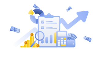 concepto de gestión financiera e inversión, diseño plano de pago y financiación con dinero, efectivo, billetes, calculadora y tarjeta de crédito. png