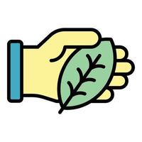 Hand keep leaf icon color outline vector