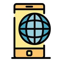 Smartphone and globe icon color outline vector