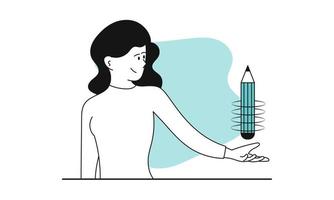 Woman holding pencil vector illustration concept. Female drawing sketch and minimalist beauty businesswoman. Trendy worker and student draw success. Employee hold pen and smiling beautiful