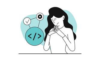 Woman developer and development source code vector illustration concept. Business programming and application engineer project. Backend working and smart engineering script for web site interface