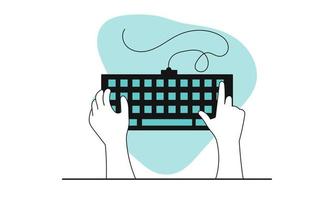 manos escribiendo en la ilustración del concepto de vector de teclado. trabajo de negocios en computadora de oficina y humano usando pc. espacio de trabajo del trabajador y contenido de tipo de red. gadget para que el empleado trabaje y el dispositivo del usuario