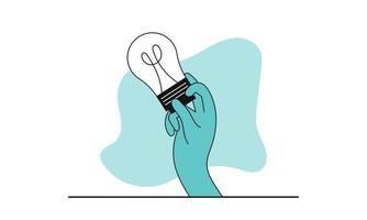 Hand holding light bulb and search business idea vector illustration concept. Creative solution and bright inspiration for people. Genius invention and smart development. Conceptual career