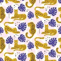 Vector leopard and tropical leaves pattern