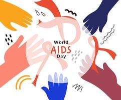 conciencia del día mundial del sida. las palmas multicolores sostienen la cinta roja. ilustración de garabato plano horizontal vectorial para pancarta, poste. vector