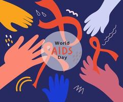 World AIDS day awareness. Multicolored palms hold red ribbon.Vector horizontal flat doodle illustratuon for banner, poste.