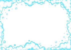 Soapy foam with bubbles. Frame of cartoon shampoo and shaving mousse foam suds. Clouds border. Vector illustration