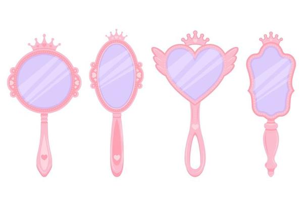 Pink princess mirror set with crown. Cartoon hand frame for girls birthday decor element. Cute vector illustration isolated on white background.
