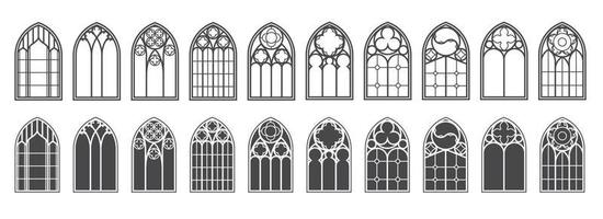 conjunto de ventanas de la iglesia. siluetas de arcos góticos en estilo clásico de línea y glifo. viejos marcos de vidrio de catedral. elementos interiores medievales. vector