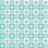 Checkered Christmas pattern with snowflakes. Seamless green gingham background. Scandinavian winter vichy backdrop. Vector holiday print