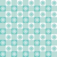 Checkered Christmas pattern with snowflakes. Seamless green gingham background. Scandinavian winter vichy backdrop. Vector holiday print