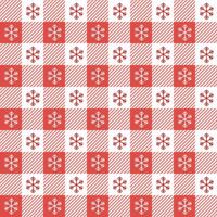 Checkered Christmas pattern with snowflakes. Seamless red gingham background. Scandinavian winter vichy backdrop. Vector holiday print