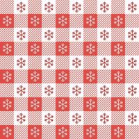 Checkered Christmas pattern with snowflakes. Seamless red gingham background. Scandinavian winter vichy backdrop. Vector holiday print