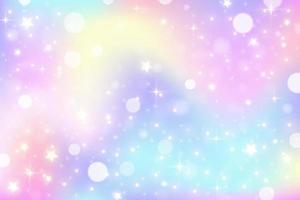 Rainbow unicorn background. Pastel wavy gradient color sky with glitter and bokeh. Magic galaxy space and stars. Vector abstract pattern.