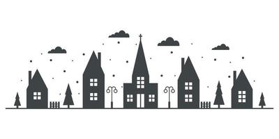 Suburban neighborhood winter landscape. Silhouette of houses and church on the skyline with snowflakes. Countryside cottage homes. Vector illustration.