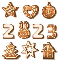 Numerals and New Year toys in the form of gingerbread a Christmas tree, a gingerbread house, stars, snowflakes and a rabbit as a symbol of the new year 2023. drawn in cartoon vector style