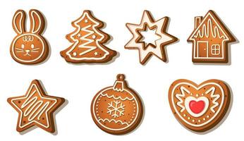 Numerals and New Year toys in the form of gingerbread a Christmas tree, a gingerbread house, stars, snowflakes and a rabbit as a symbol of the new year 2023. drawn in cartoon vector style