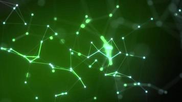 Futuristic abstract green glowing plexus dots with radiant magical energy lines on a black background. Abstract background. Video in high quality 4k
