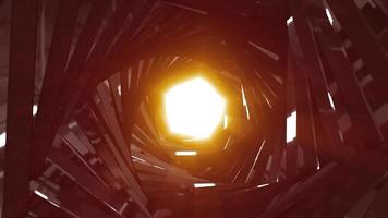 A spinning tunnel with walls made of metal sticks and lines of pentagons with reflections of bright luminous sunbeams. Abstract background. Video in high quality 4k, motion graphics design