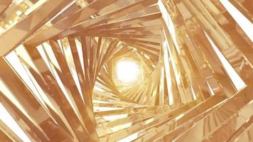 A spinning golden metal tunnel with walls of ribs and lines in the shape of a square with reflections of luminous sunbeams. Abstract background. Video in high quality 4k, motion graphics design