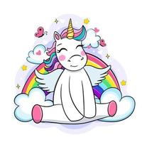 Cute rainbow unicorn with clouds and stars, sweet dreams concept, vector illustration