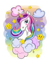 hermoso unicornio con nubes y estrellas, concepto de dulces sueños, ilustración vectorial para niños vector