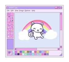 Retro user interface with graphic editor. Illustration digital paint cute cat and rainbow vector