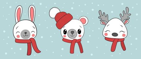 New year and Christmas Winter banner with cute cartoon bear, rabbit and deer